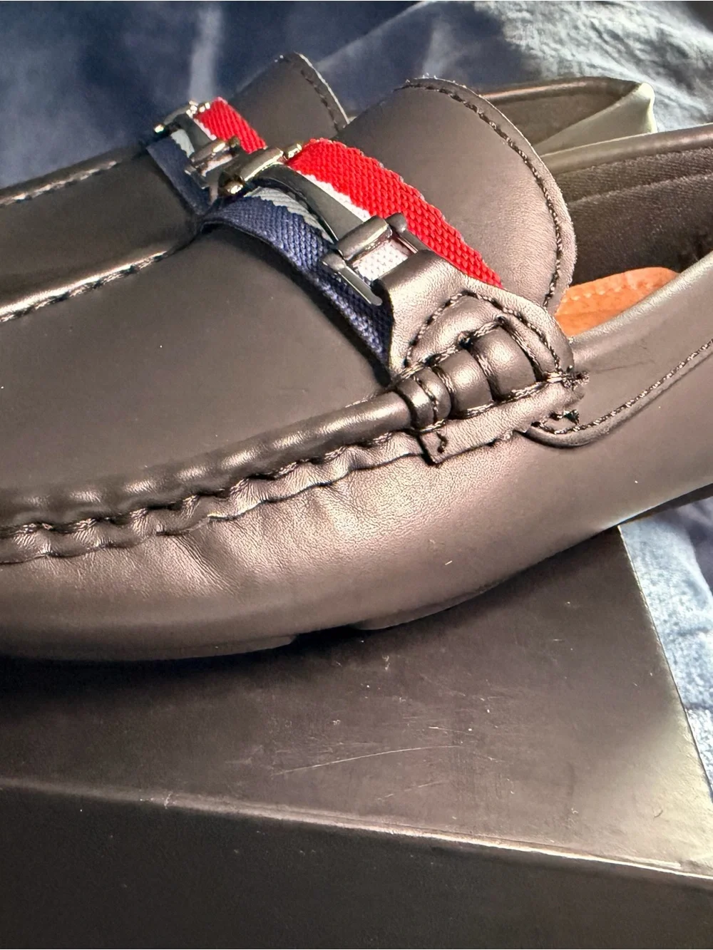 Kids Black Dress Loafers with Red Accent